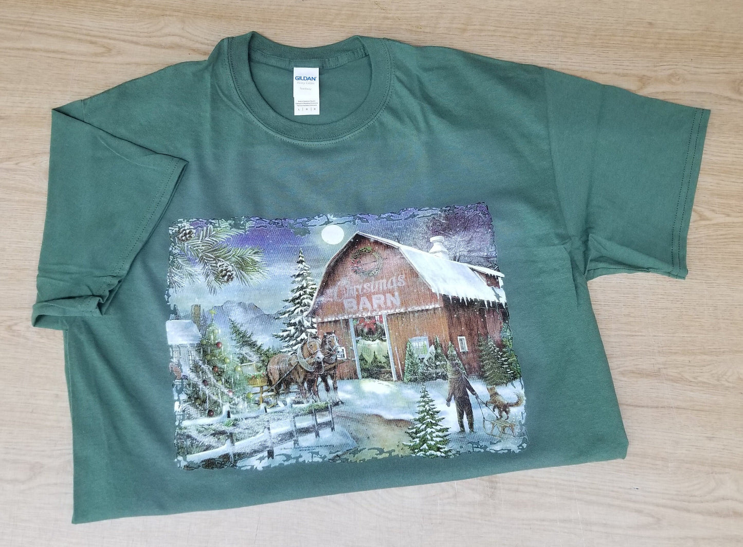 Winter Christmas Barn Scene Painting T-Shirt