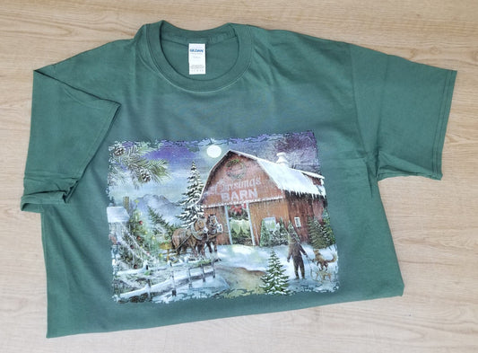 Winter Christmas Barn Scene Painting T-Shirt
